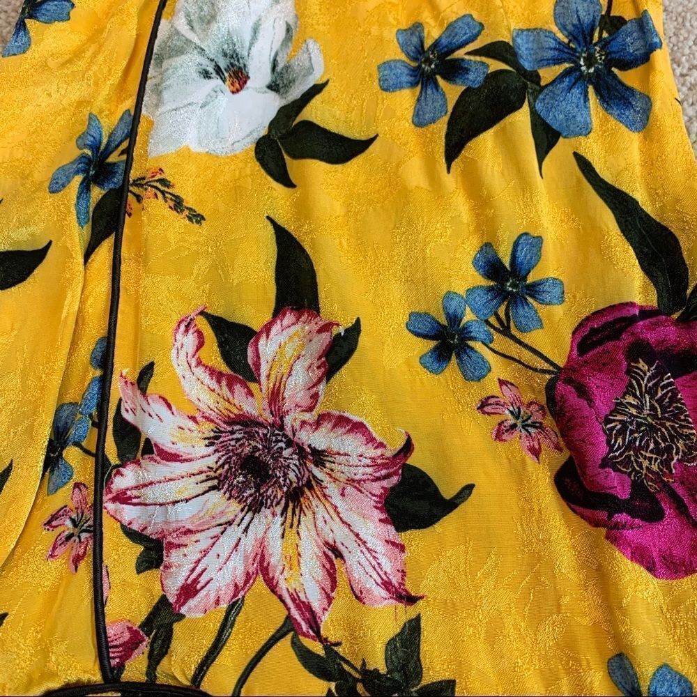 TOPSHOP Asian Oriental yellow floral flower print wide leg trousers belted Sz 8 - Picture 9 of 16